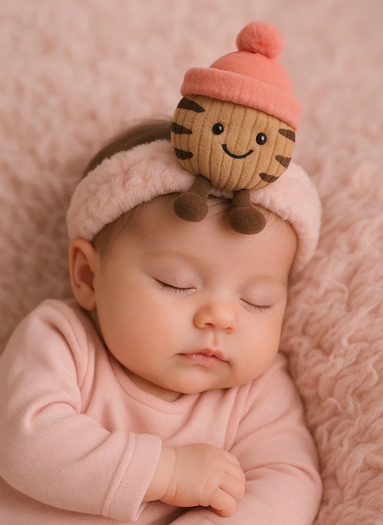 Plush Tiger Baby Headband with Pink Knitted Hat and Pom-Pom