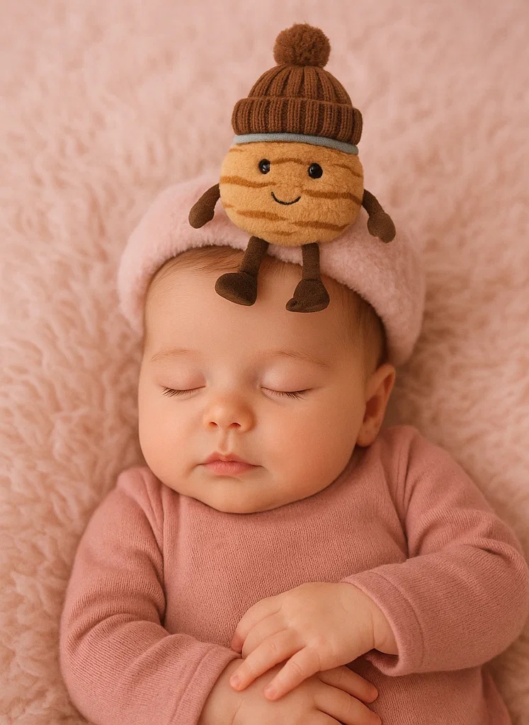 Plush Nut Baby Headband with Brown Knitted Hat and Pom-Pom