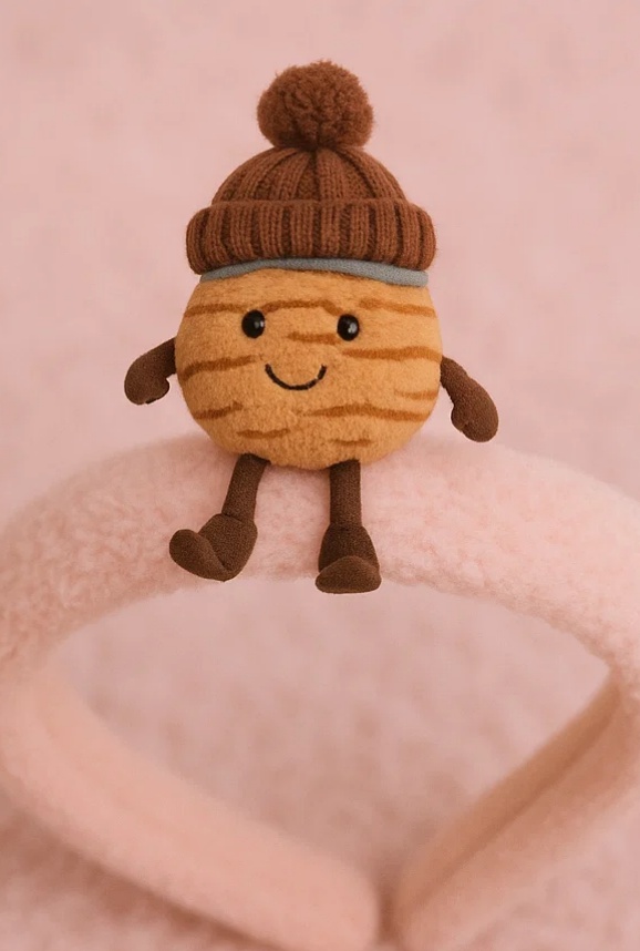 Plush Nut Baby Headband with Brown Knitted Hat and Pom-Pom