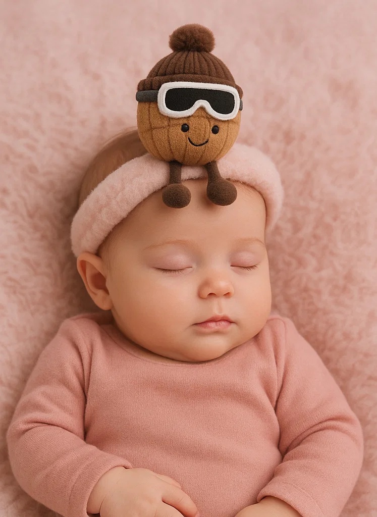 Faixa de Cabelo de Pelúcia para Bebê com Óculos de Esqui – Formato de Noz com Touca Marrom