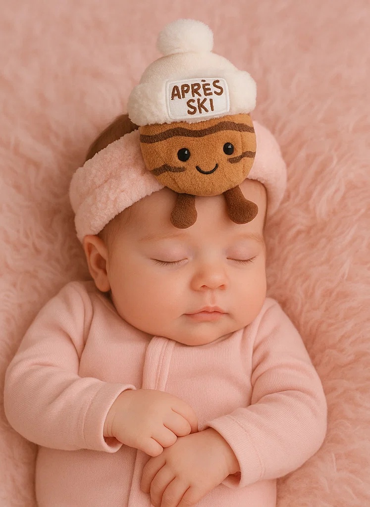 Plush Nut Baby Headband with Après Ski Label and White Pom-Pom