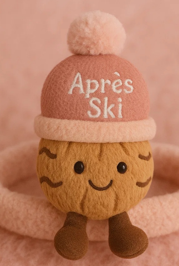 Plüsch-Nuss Baby Kopfbedeckung mit Aprés Ski Etikett und Pompon
