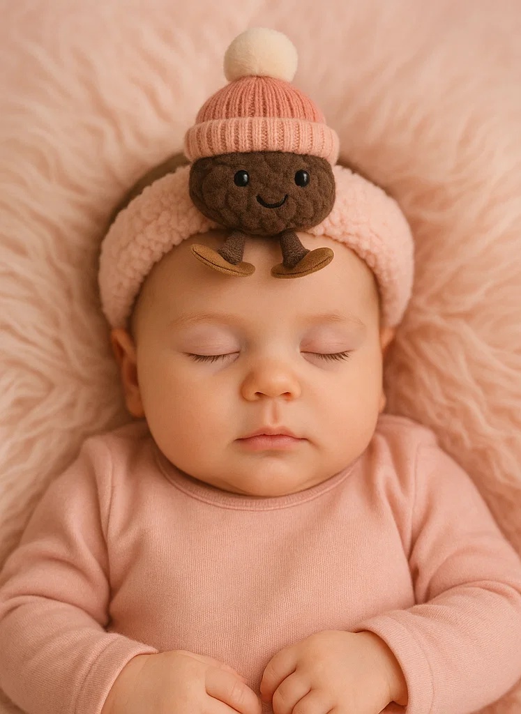 Bandeau en peluche pour bébé avec bonnet rose et pompon