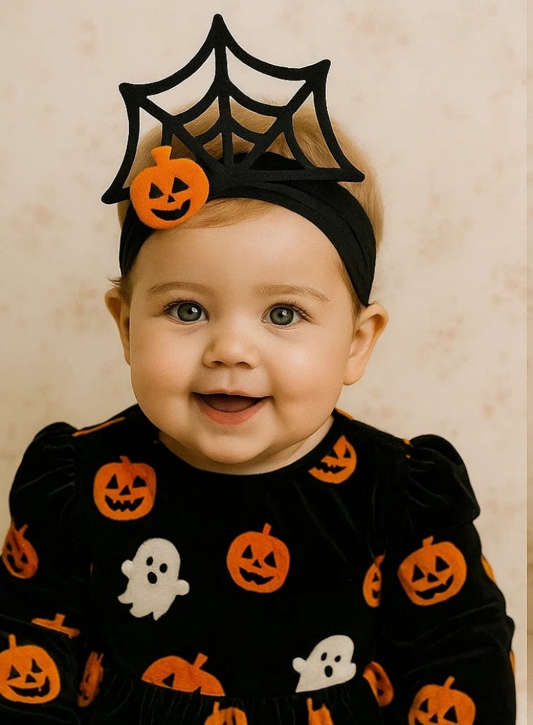 Charming Halloween Baby Headband with Pumpkin, Ghost, and Spider Web Figurines