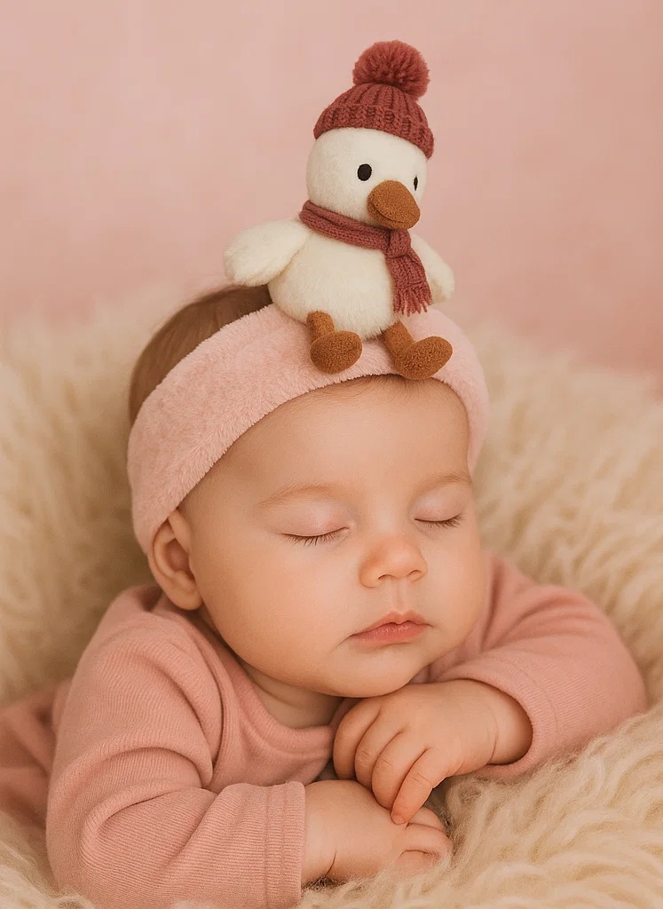 Winter Duck Plush Baby Headband – Cozy Red Hat Edition