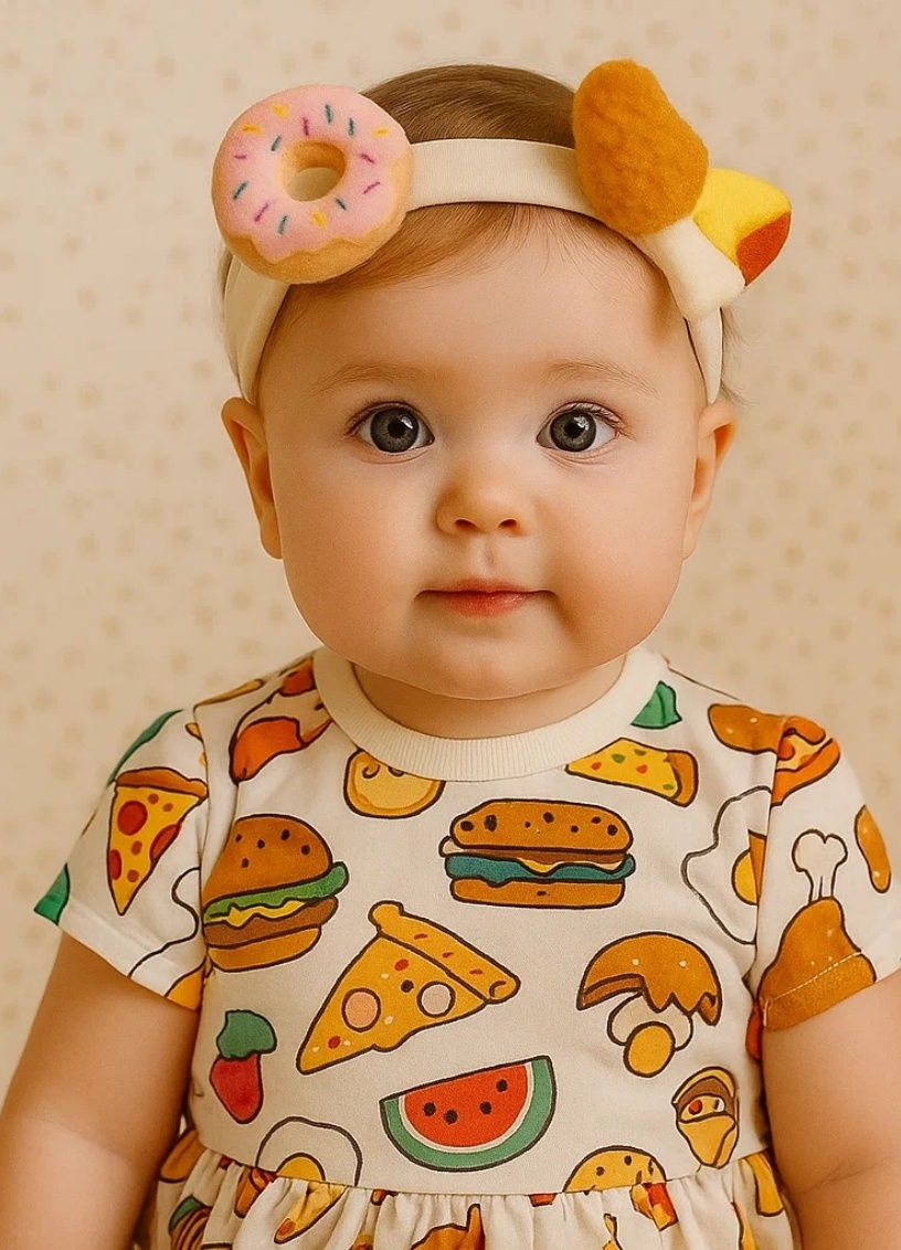 Radiant Halo's süßes Baby-Stirnband mit Donut, Hähnchenschenkel und Ball.