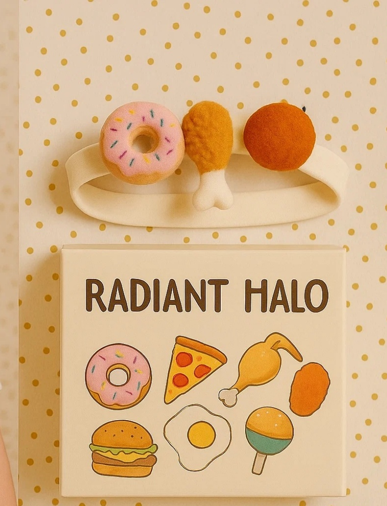 Radiant Halo's süßes Baby-Stirnband mit Donut, Hähnchenschenkel und Ball.