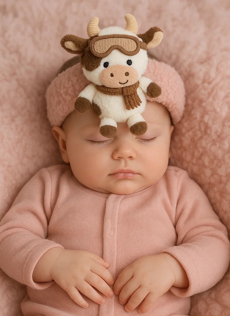 Winter Cow Plush Baby Headband – Fleece Goggles & Cozy Scarf