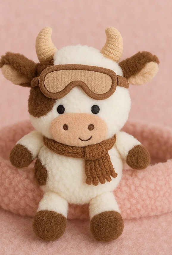 Winter Cow Plush Baby Headband – Fleece Goggles & Cozy Scarf