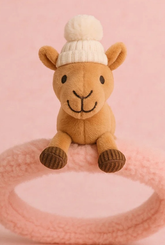 Camel Plush Baby Headband – White Knit Hat Edition