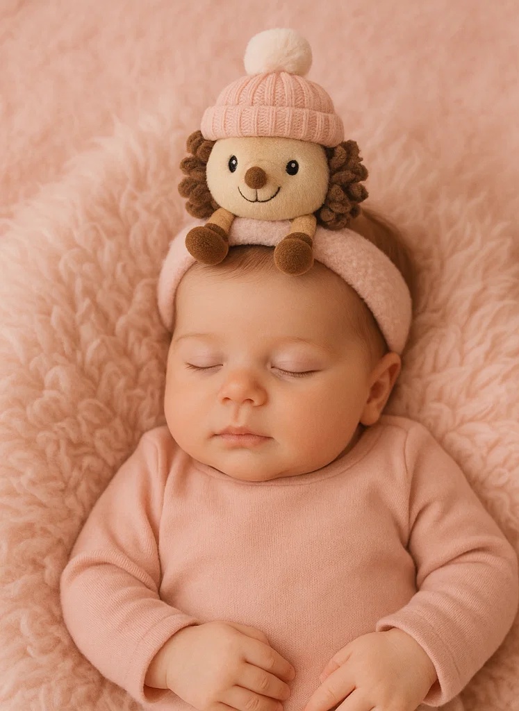 Hedgehog Plush Baby Headband – Pink Knit Hat & Pom Pom
