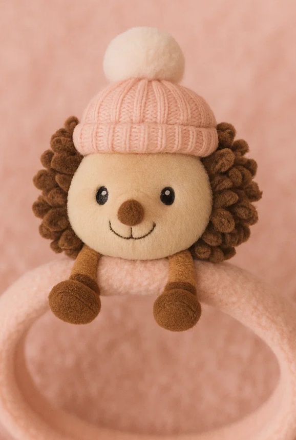 Hedgehog Plush Baby Headband – Pink Knit Hat & Pom Pom