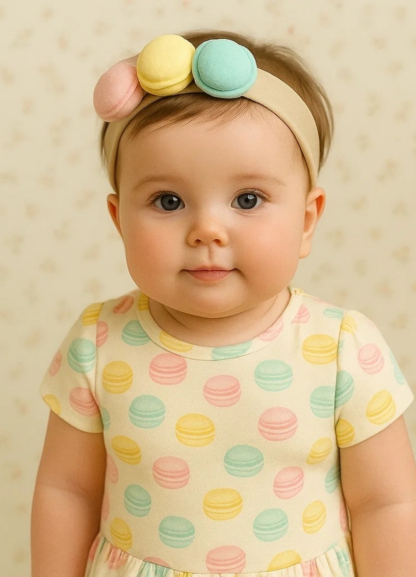 Radiant Halo's joli bandeau pour bébé avec design de macaron, cœur et glace.