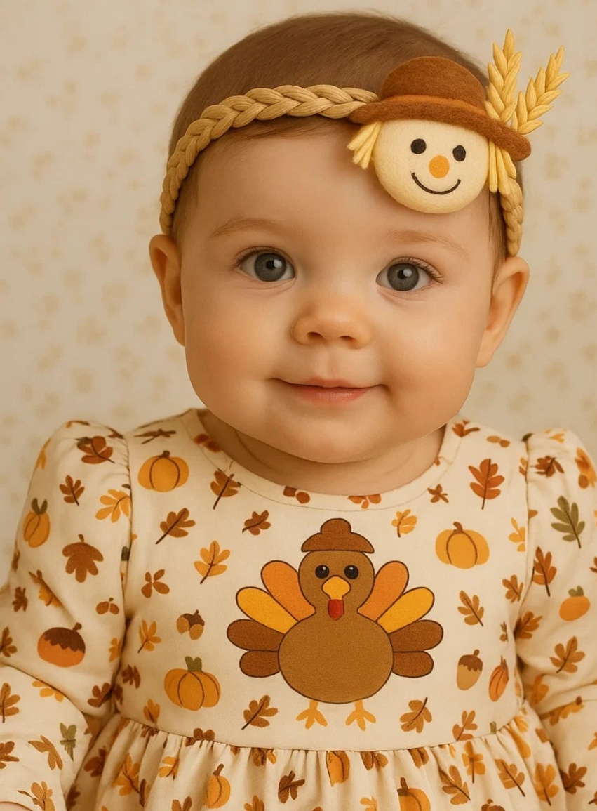 Harvest Scarecrow Baby Headband with Acorns & Pumpkin