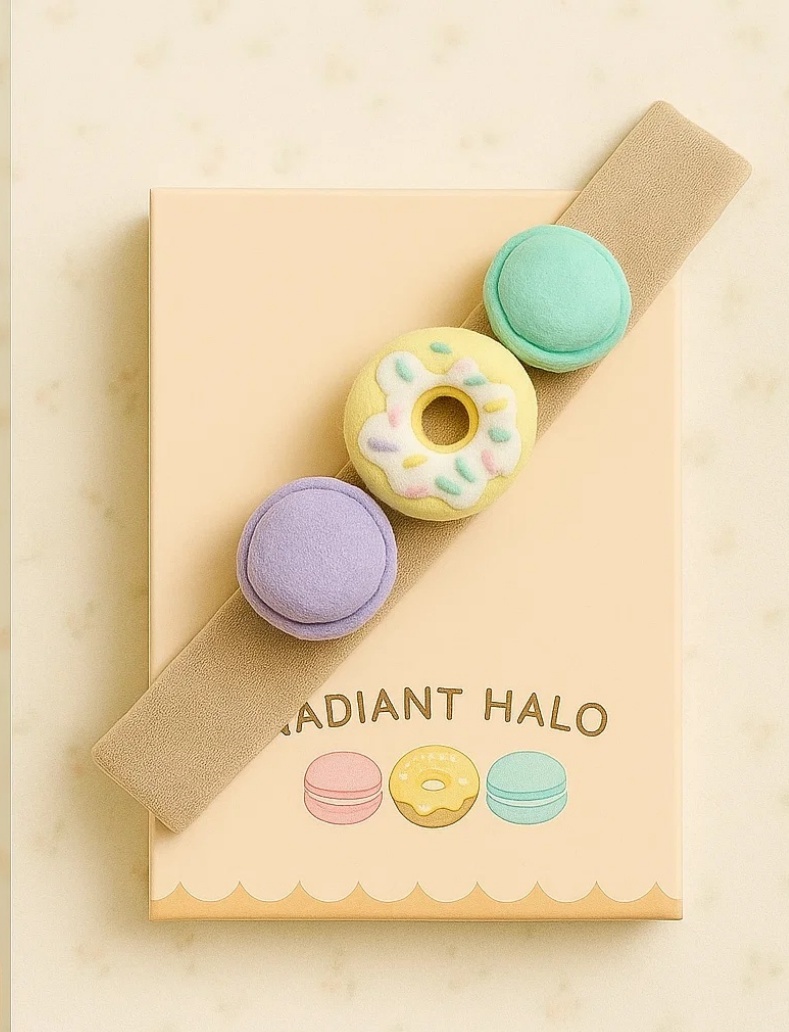 Radiant Halo's joli bandeau pour bébé avec design de macaron, cœur et glace.