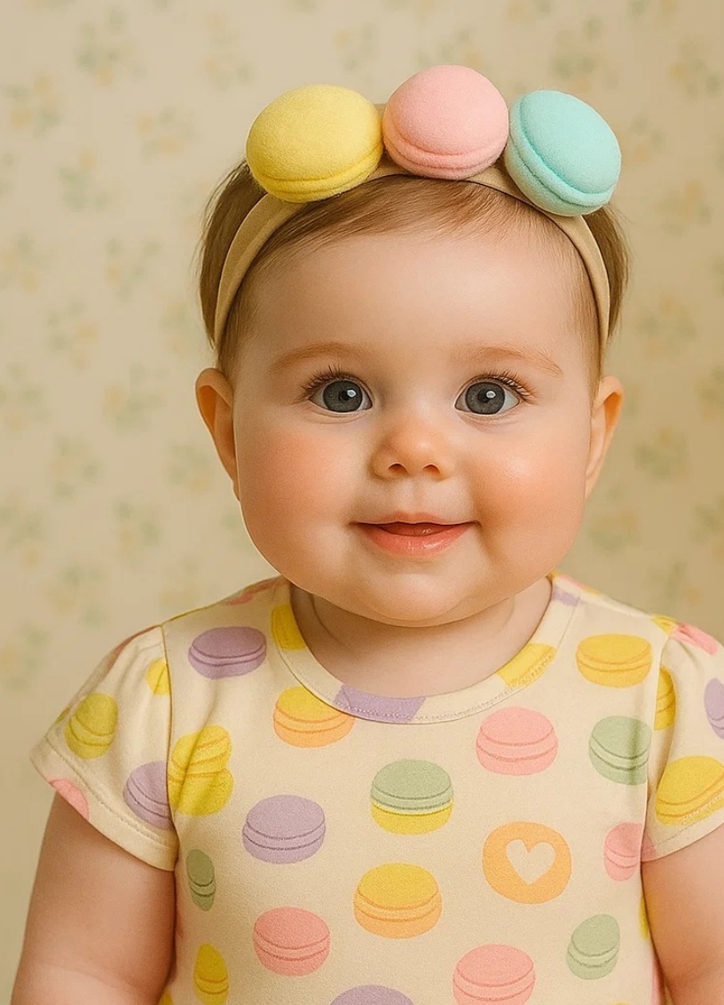 Diadema para bebé Radiant Halo con diseño de macaron, dona y helado.