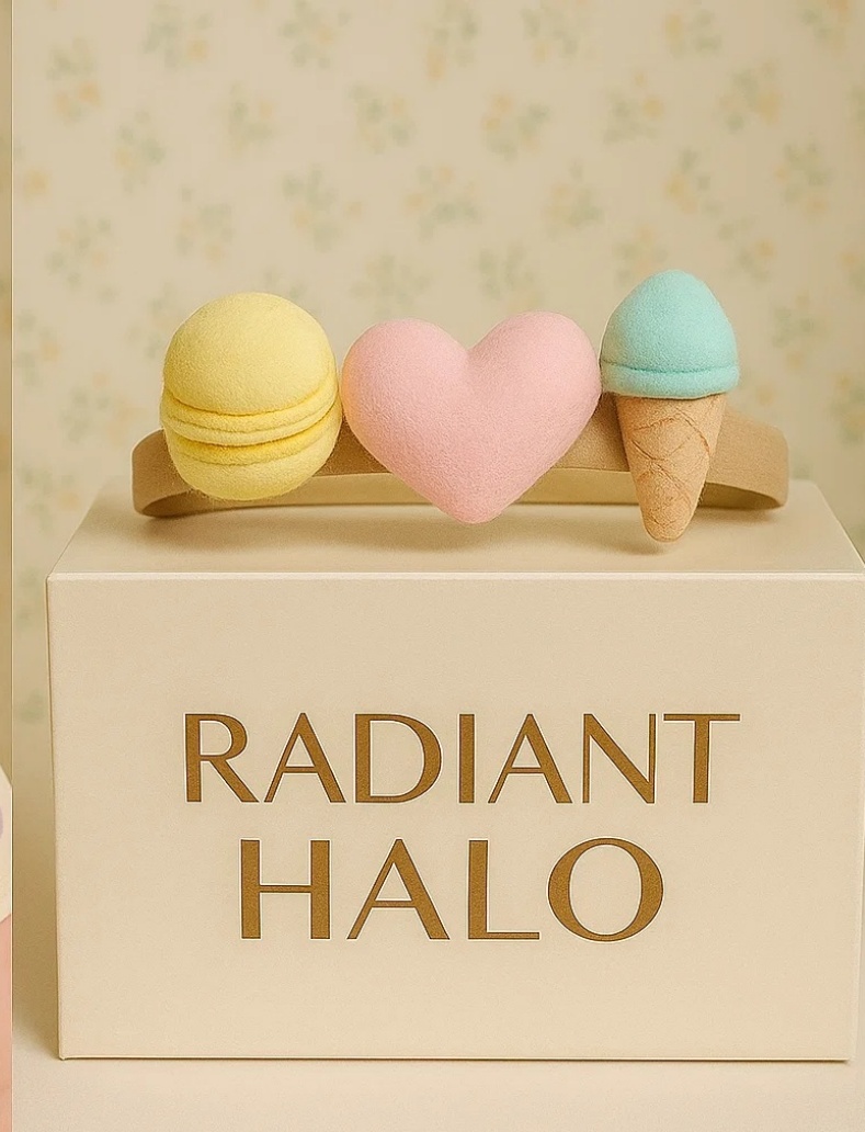 Diadema para bebé Radiant Halo con diseño de macaron, dona y helado.
