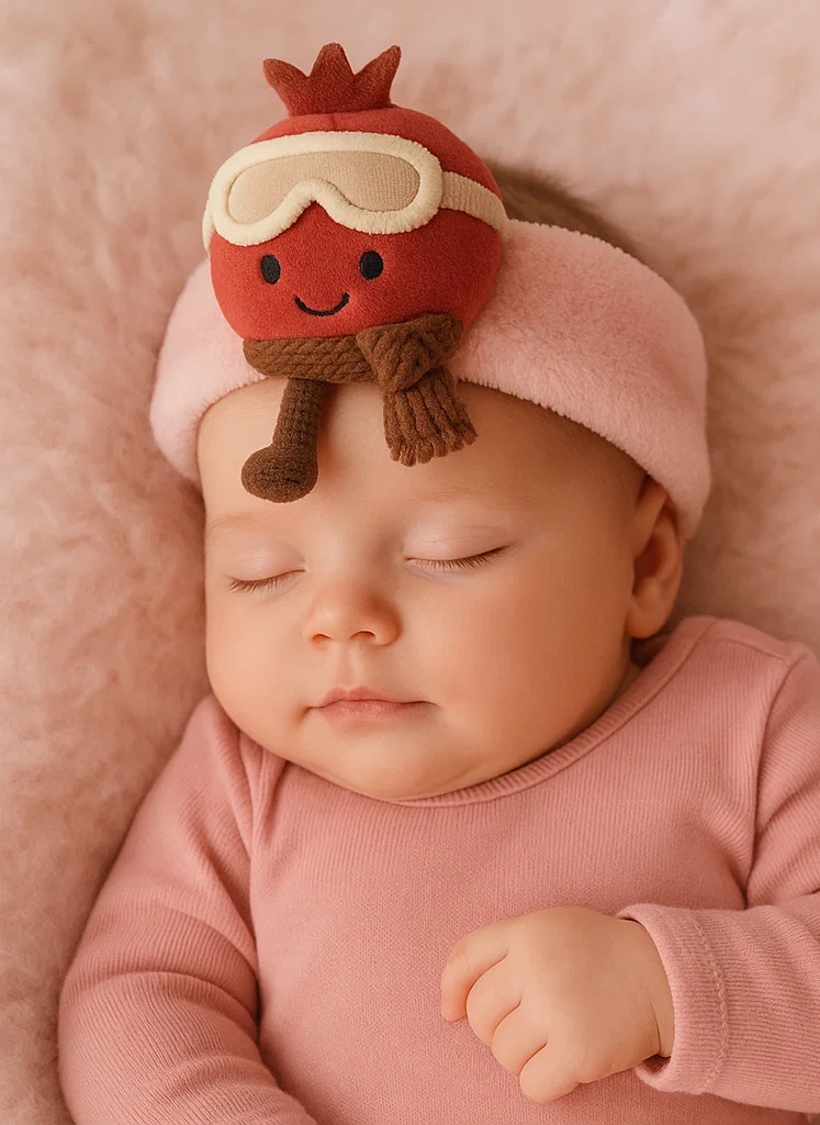 Pomegranate Plush Baby Headband with Ski Goggles and Brown Scarf - Cozy and Playful Baby Winter Accessory