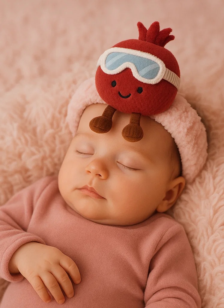 Pomegranate Plush Baby Headband with Ski Goggles and Blue Scarf - Cute Winter Baby Accessory