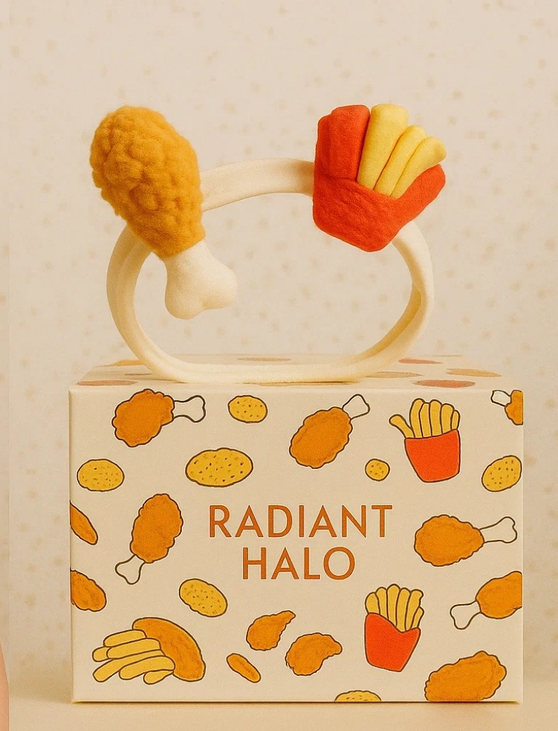 Diadema pentru bebeluși Radiant Halo cu design de picior de pui și cartofi prăjiți.