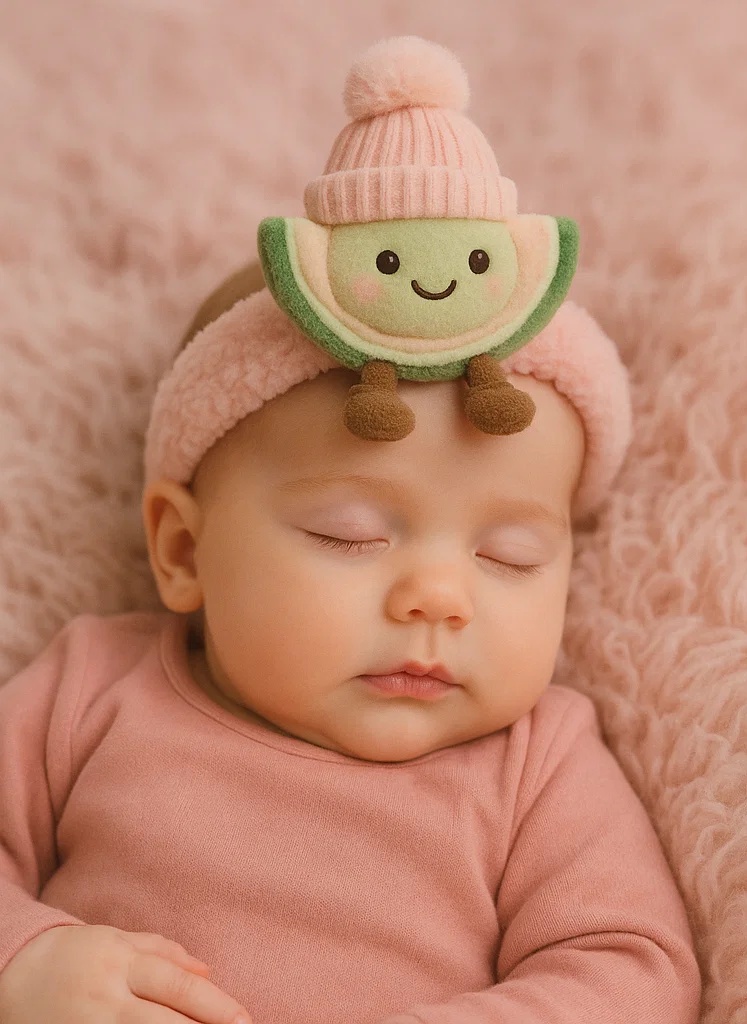 Melon Plush Baby Headband with Pink Pom-Pom and Ski Goggles - Cozy Winter Baby Accessory