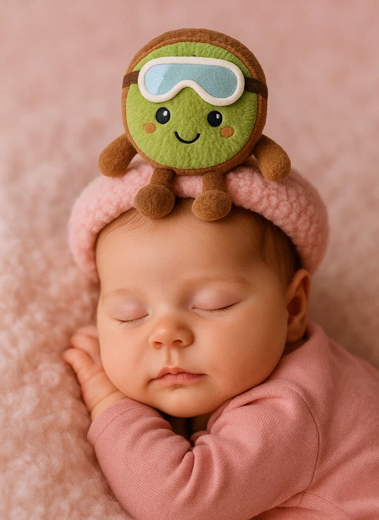 Kiwi Plush Baby Headband with Soft Pom-Pom and Ski Goggles - Cozy Baby Winter Accessory