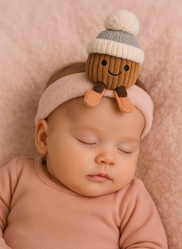 Kiwi Plush Baby Headband with Pink Pom-Pom - Cozy Baby Winter Accessory