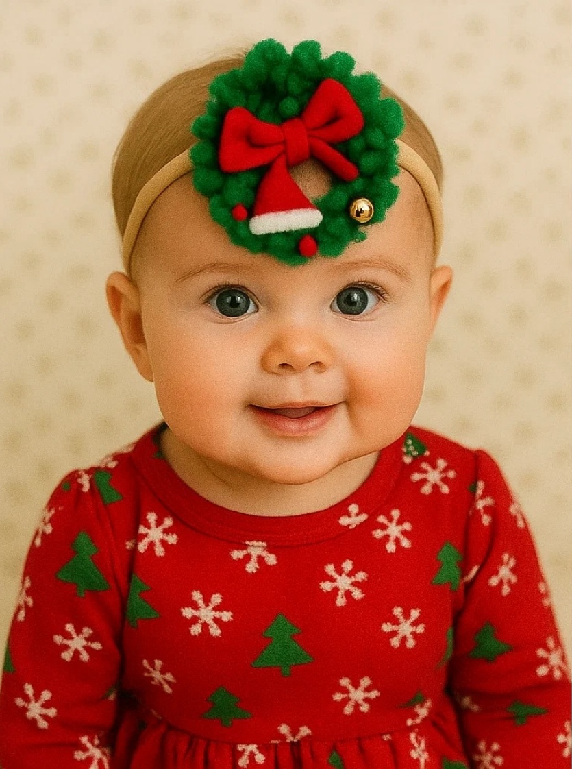 Tiara de Natal para Bebê com Guirlanda, Laço e Sino