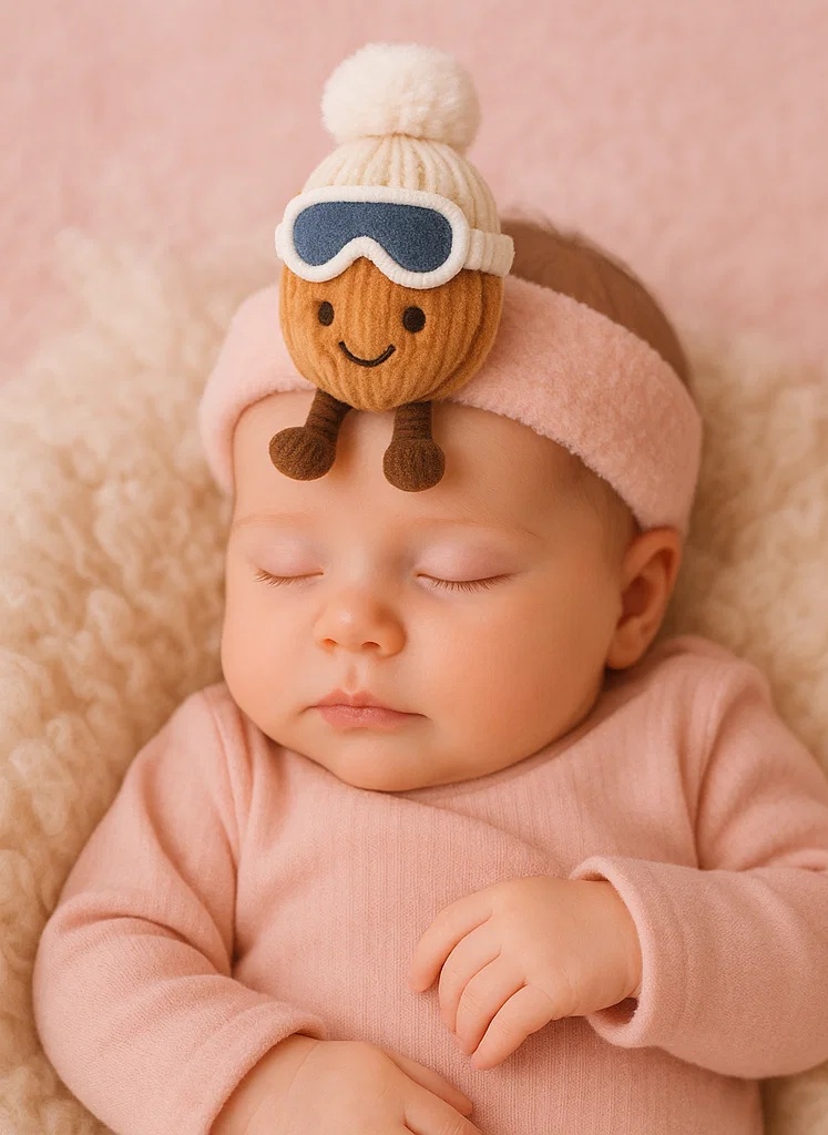 Charming Nut-Inspired Baby Headband with Winter Hat and Pom-Poms