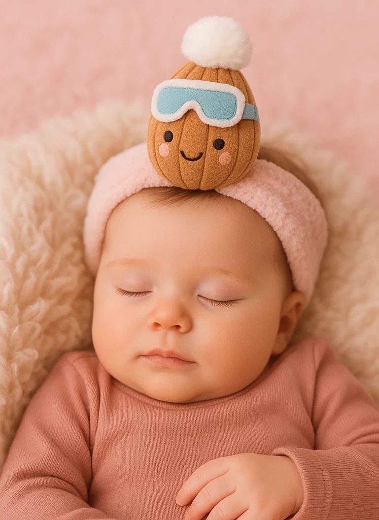 Cozy Nut Baby Headband with Winter Hat and Pom-Poms