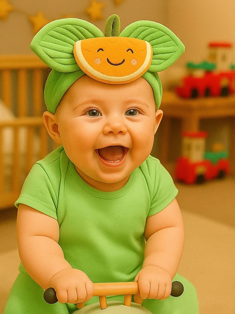Tiara de Bebê com Fatia de Laranja Sorridente – Faixa de Fruta de Pelúcia para Recém-nascidos