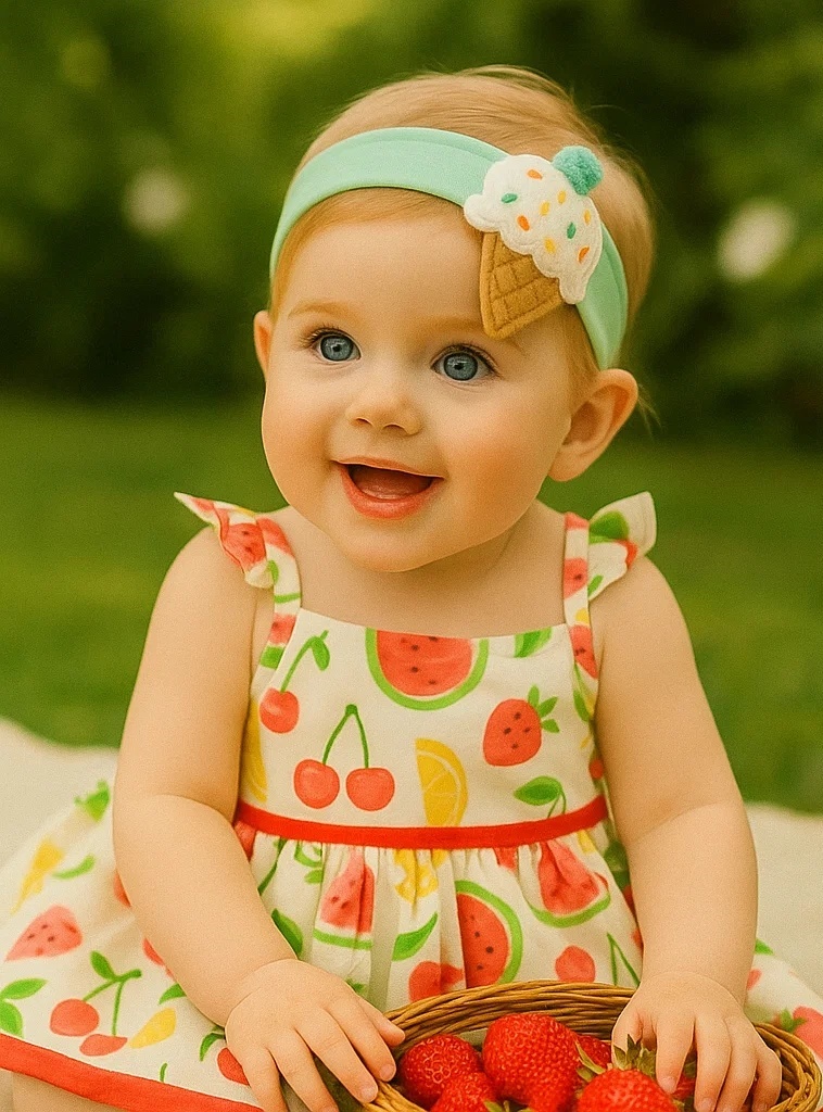 Summer Sprinkle Ice Cream Baby Headband with Blue Pom
