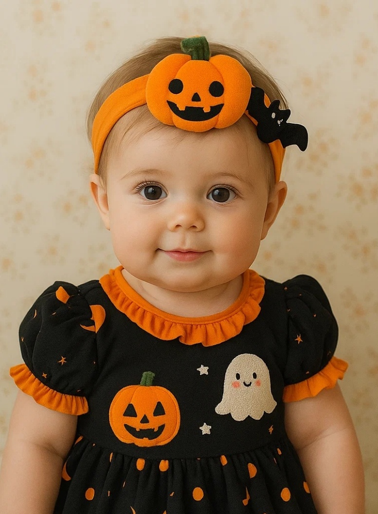 Halloweenská čelenka pro miminko s dýní, duchem a netopýrem – Měkký a elastický doplněk do vlasů