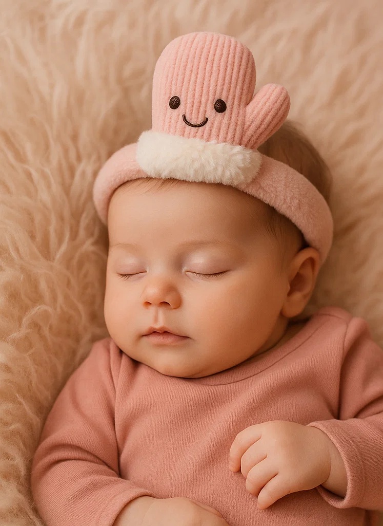 Soft Pink Baby Headband with Winter Mittens