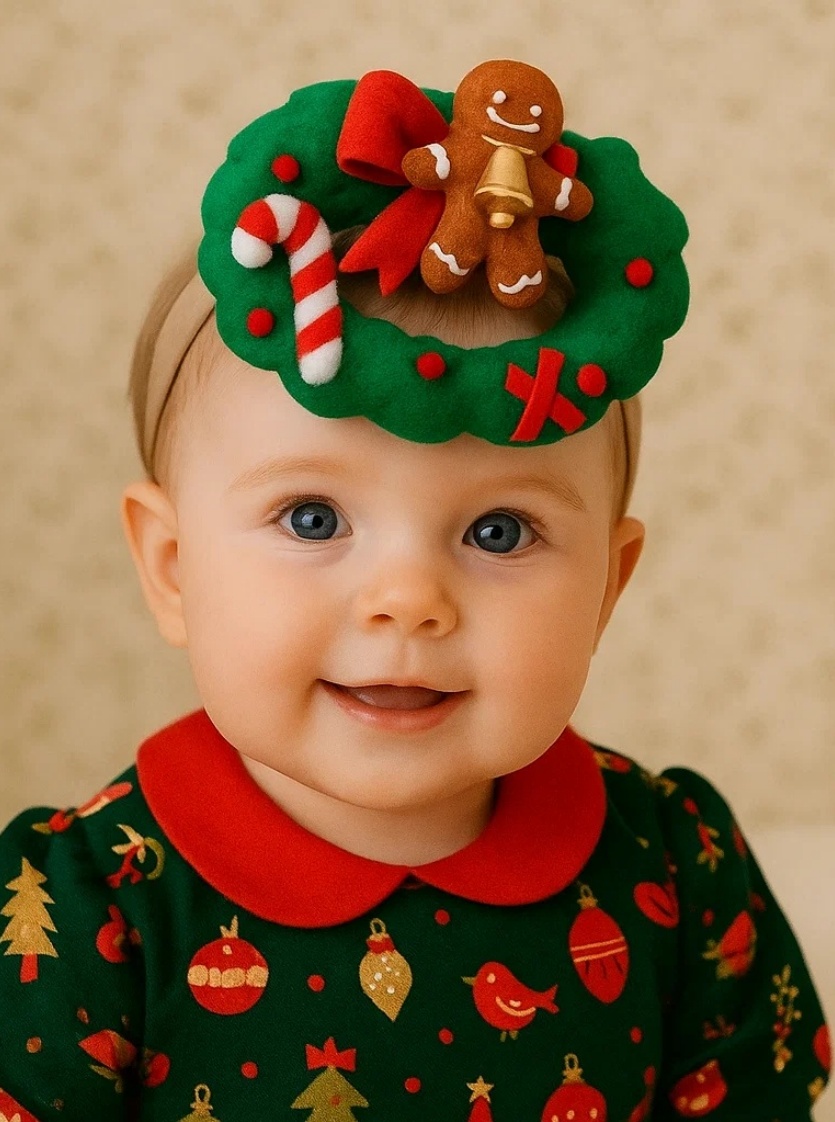 Candy Cane & Gingerbread Plush Holiday Wreath Baby Headband