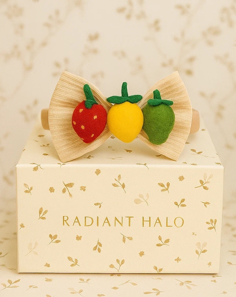 Fruit Bow Headband with Strawberry, Pear, and Lemon Plush Designs