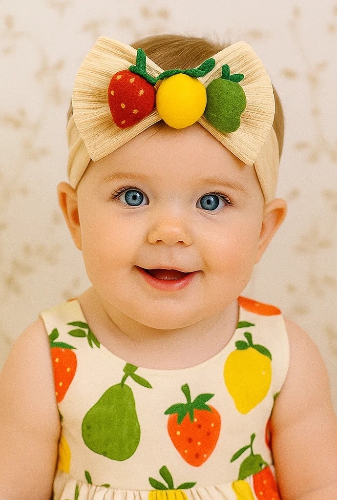 Fruit Bow Headband with Strawberry, Pear, and Lemon Plush Designs