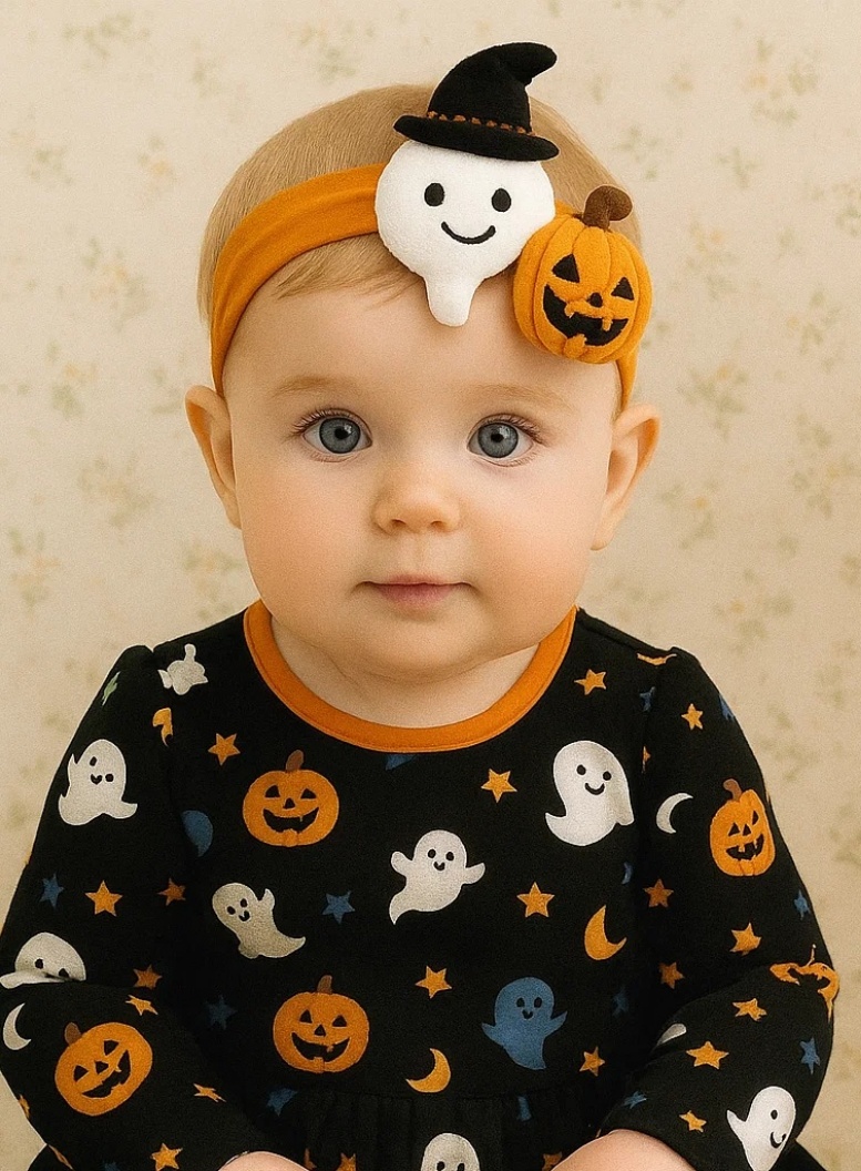 Witchy Ghost & Pumpkin Baby Headband – Festive Style