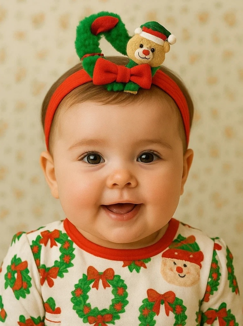 Weihnachtskranz Baby Stirnband mit Bär und Schleife – Festliche Haaraccessoires