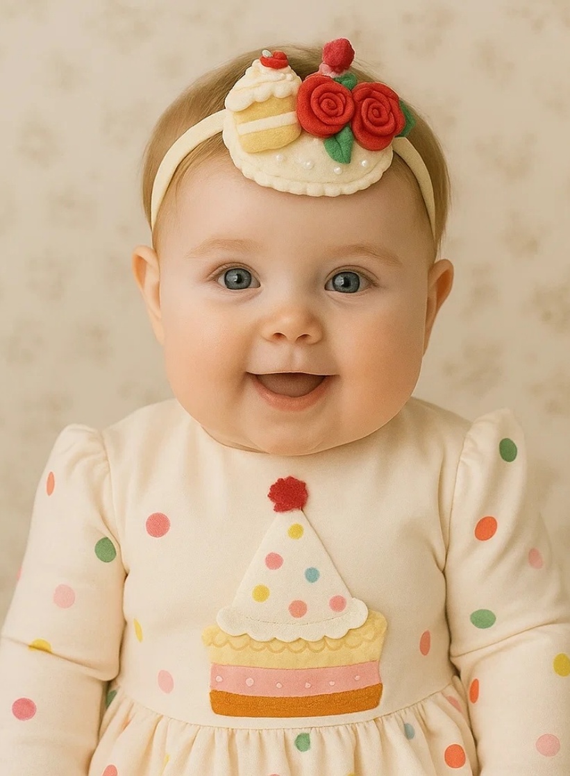 Tiara de Aniversário Bebê com Flores e Bolo – Artesanal Doce