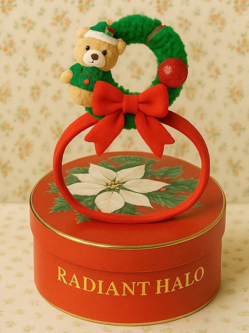 Weihnachtskranz Baby Stirnband mit Bär und Schleife – Festliche Haaraccessoires