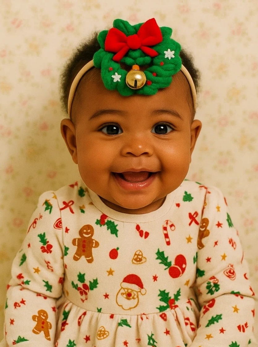 Bandeau de Noël pour Bébé – Guirlande Verte avec Cloches et Décorations Festives