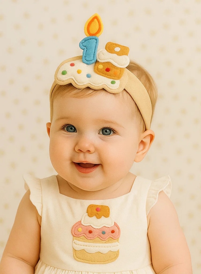 Royal Treat First Birthday Baby Headband – Felt Crown and Cake Design