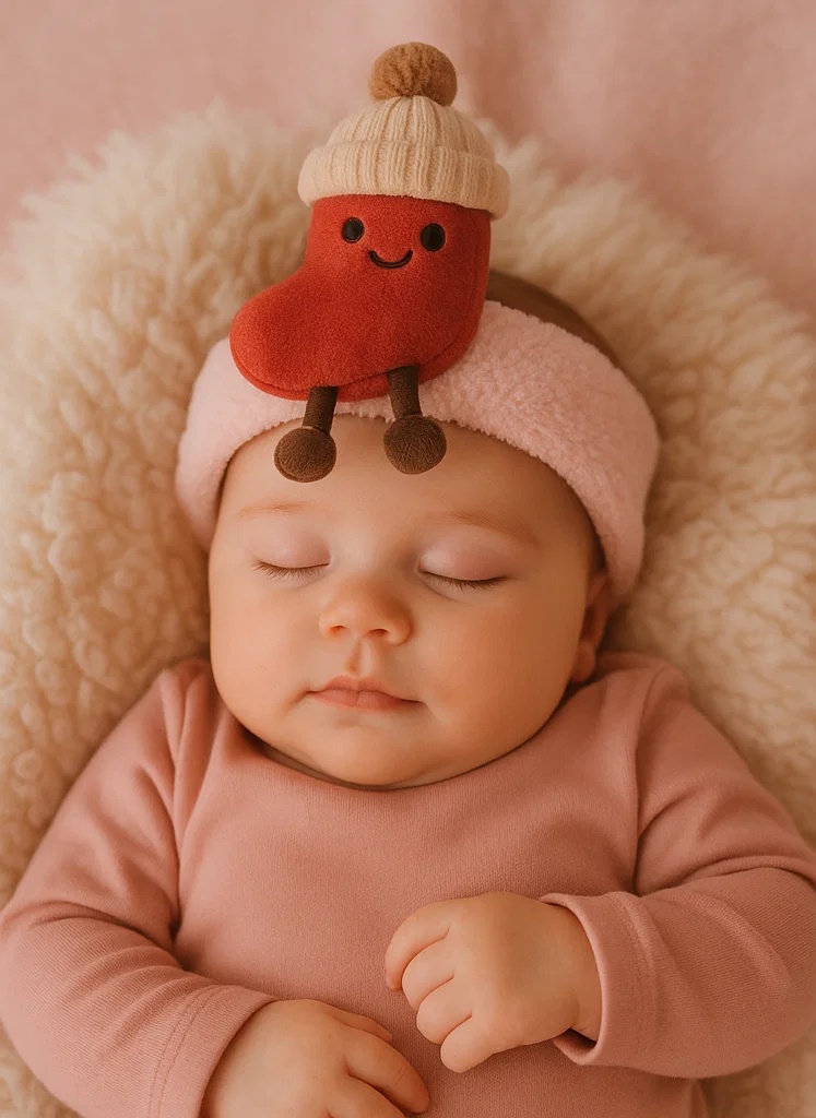 Plüsch-Baby-Stirnband mit roter Socke – Flauschiges Winter-Haarband für Babys