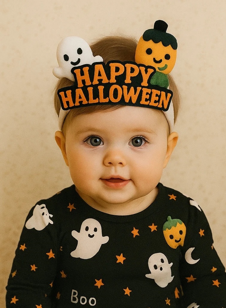 Halloween Baby Headband with Pumpkin & Frankenstein Plush – Perfect for Party