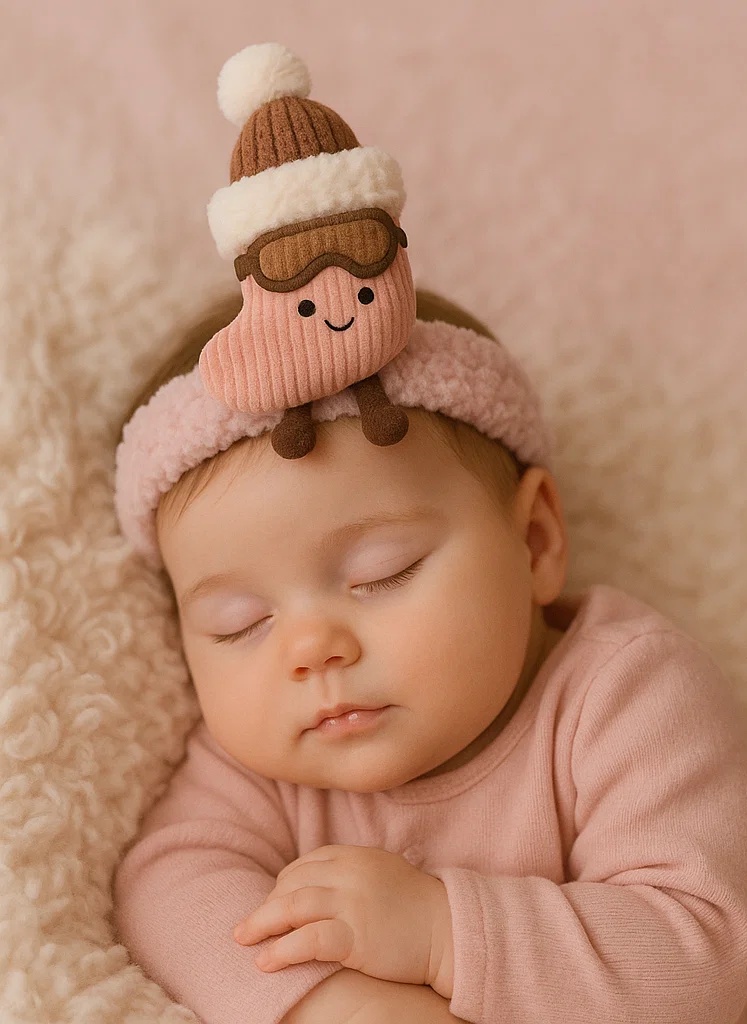 Diadema de Bebé con Calcetín Rosa de Peluche – Cinta de Pelo de Invierno para Recién Nacido