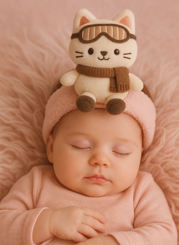 Faixa de Cabelo Bebê Gato Creme de Pelúcia – Headband de Lã Fofa para Inverno Recém-nascido
