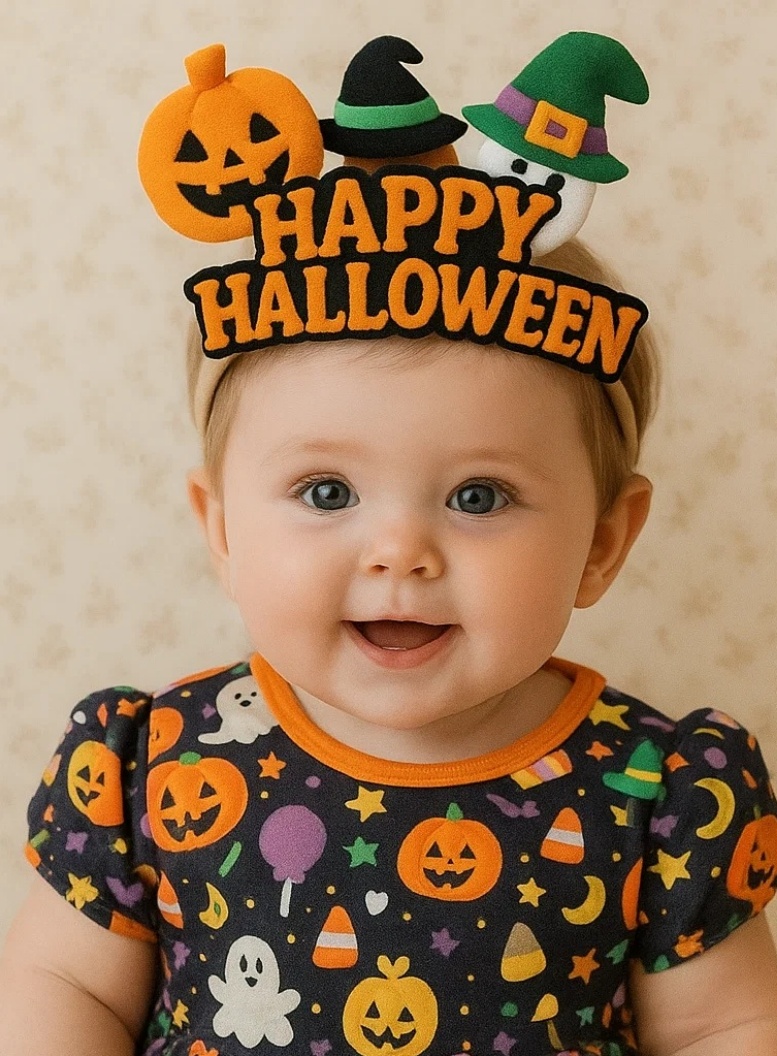 Bandeau bébé Halloween avec citrouille, fantôme et chapeau de sorcière – Accessoire mignon