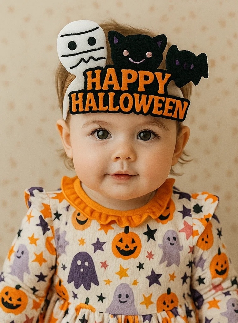 Tiara de bebê de Halloween com múmia e gatos pretos – Macia e confortável