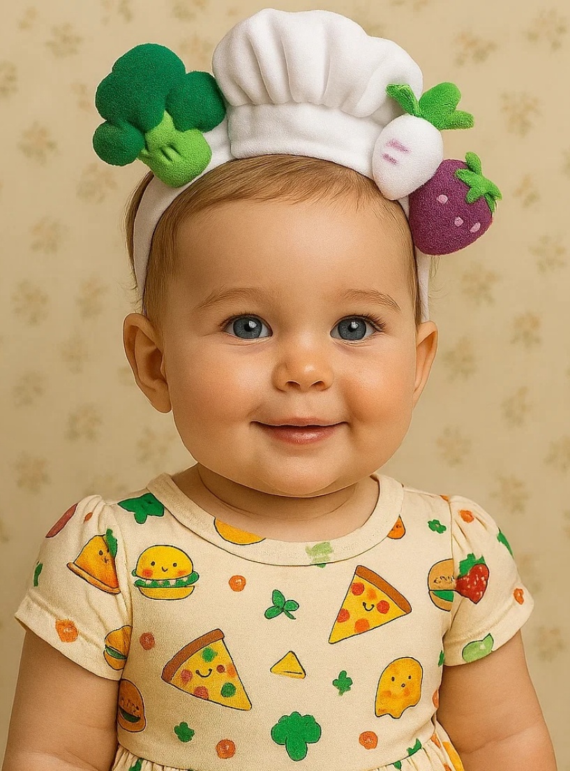 Baby Chef Headband with Broccoli & Eggplant – Radiant Halo Food Inspired